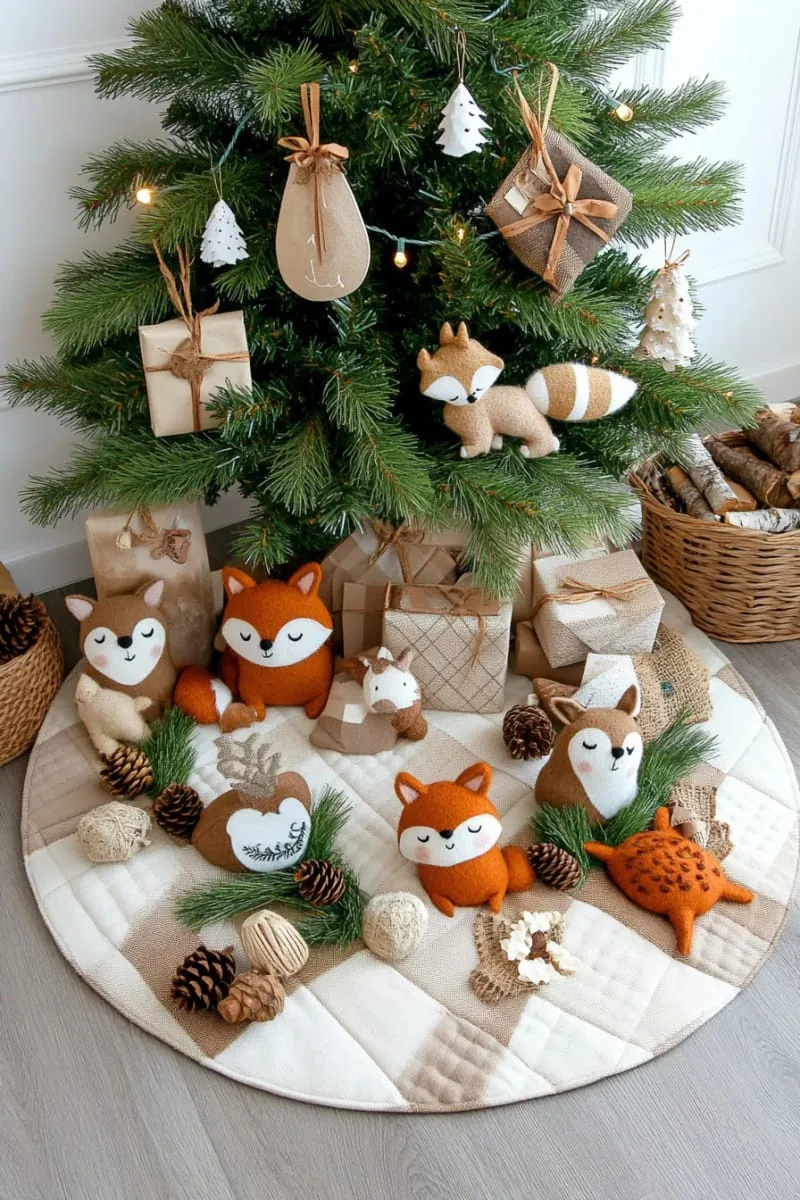 neutral plaid tree skirt with handmade felt woodland animals 1