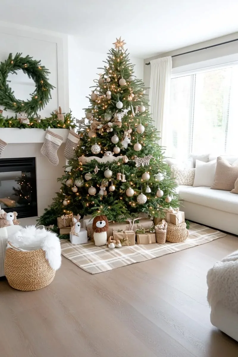 neutral plaid tree skirt with handmade felt woodland animals 1