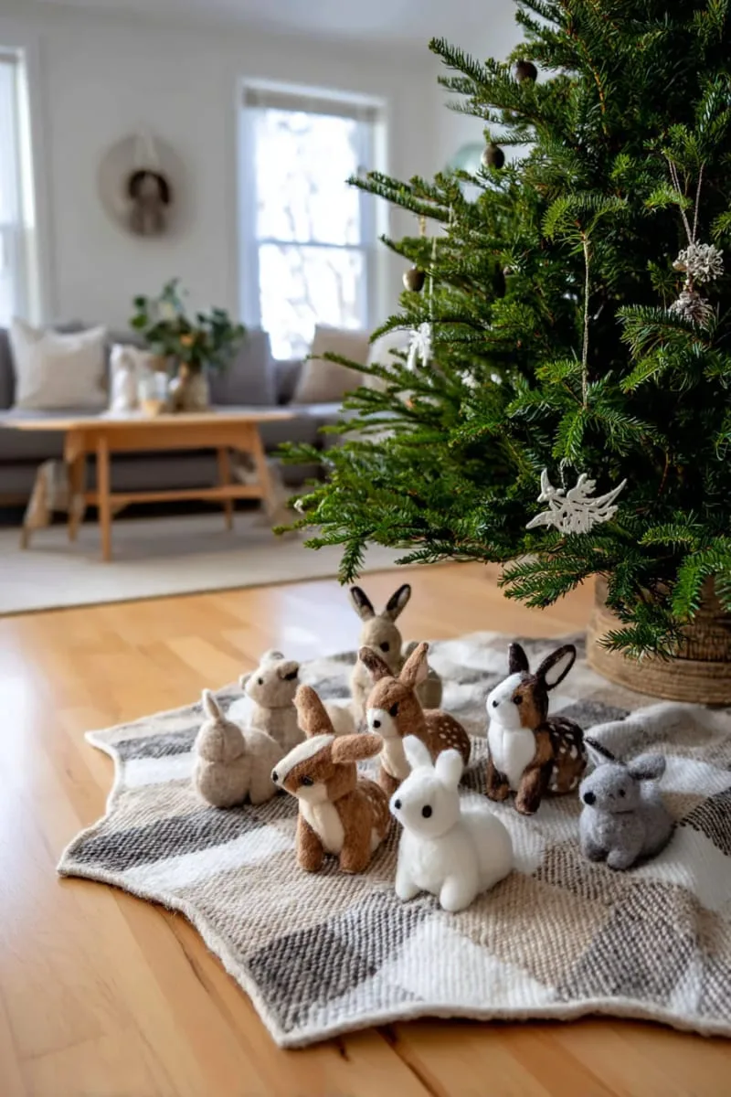 neutral plaid tree skirt with handmade felt woodland animals 1