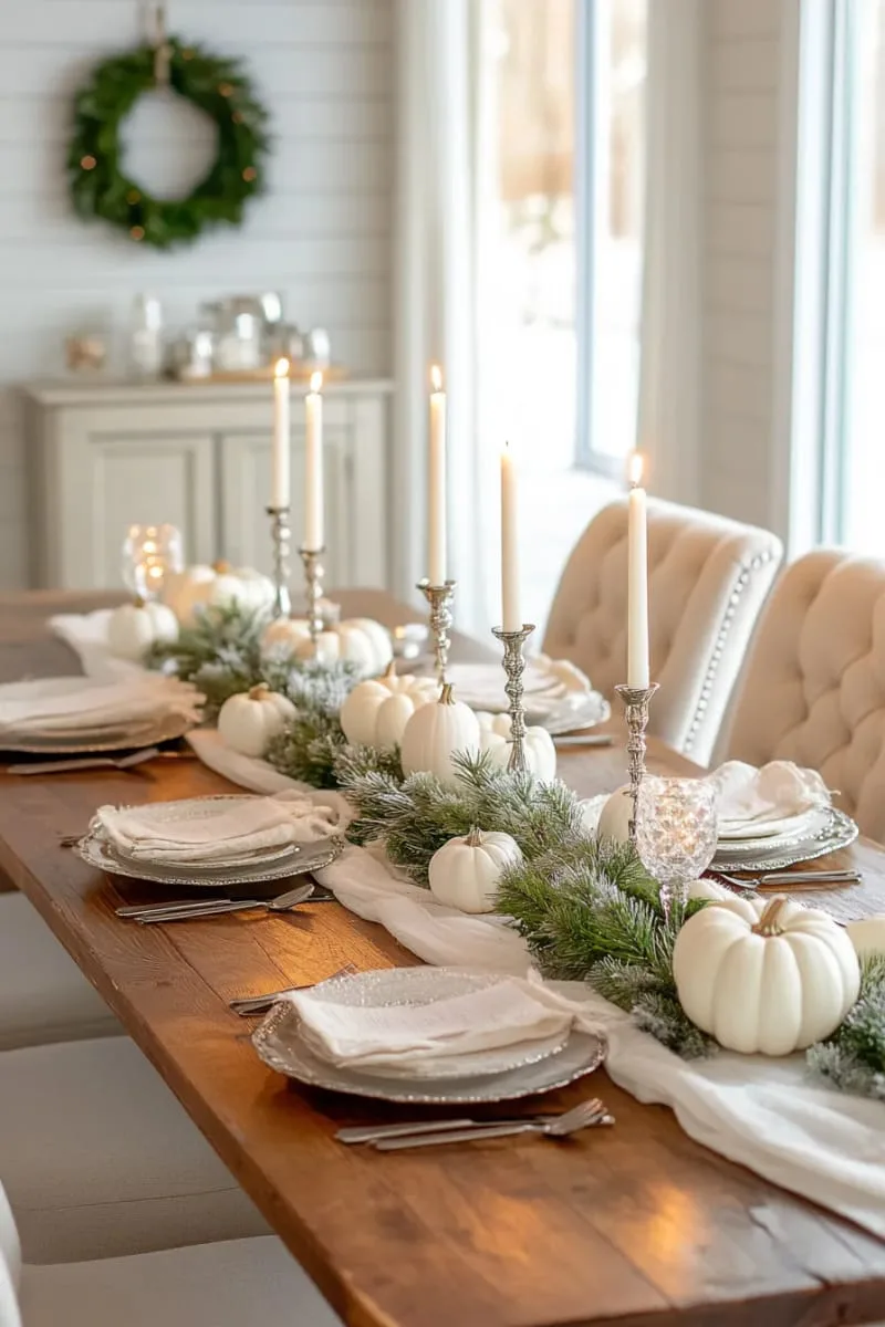 27 Ways to Blend Thanksgiving and Christmas Decor Beautifully 22 neutral tablescape with white pumpkins and frosted pine branches 1