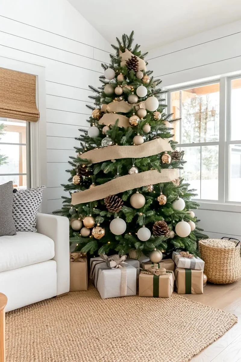 neutral-toned baubles and burlap ribbons on a farmhouse-style christmas tree 1