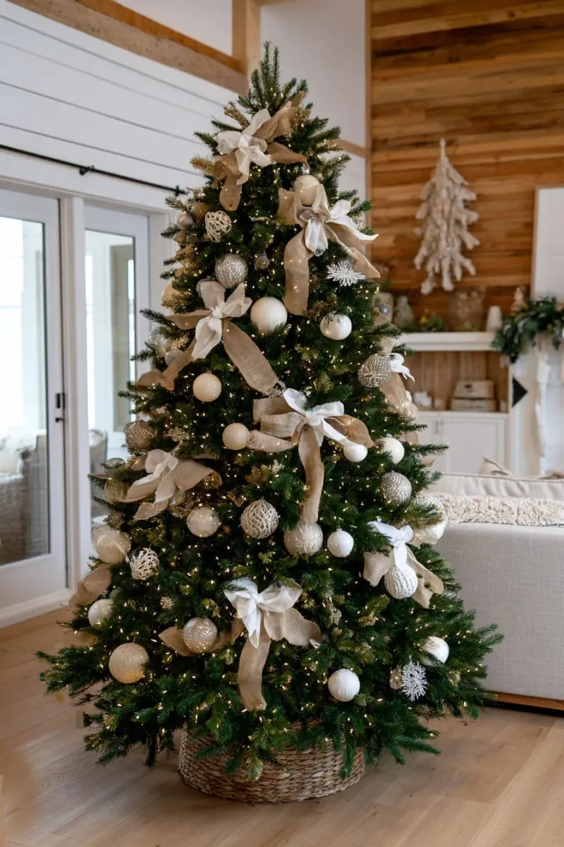 neutral-toned baubles and burlap ribbons on a farmhouse-style christmas tree 1