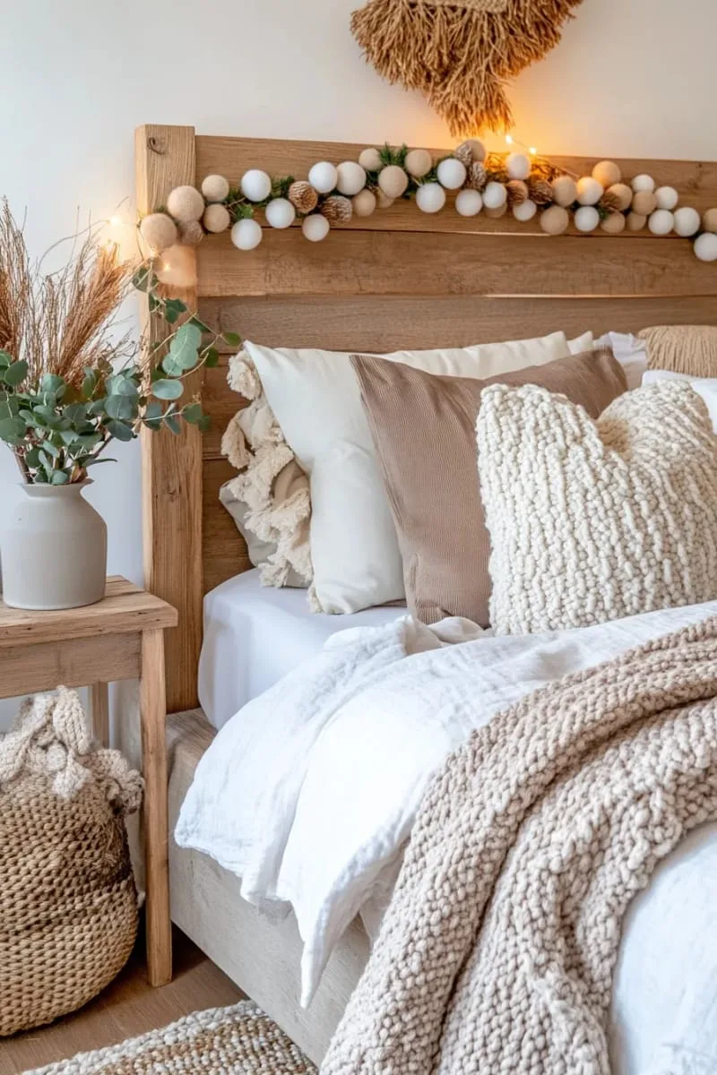 neutral-toned felt ball garland draped along a headboard 1
