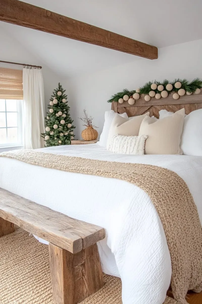 neutral-toned felt ball garland draped along a headboard 1