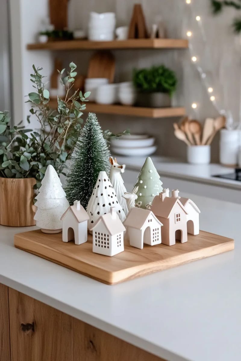 23 Christmas Countertop Decor Ideas Guests Can’t Stop Talking About 28 neutral toned houses with bottlebrush trees and tiny deer figurines 1