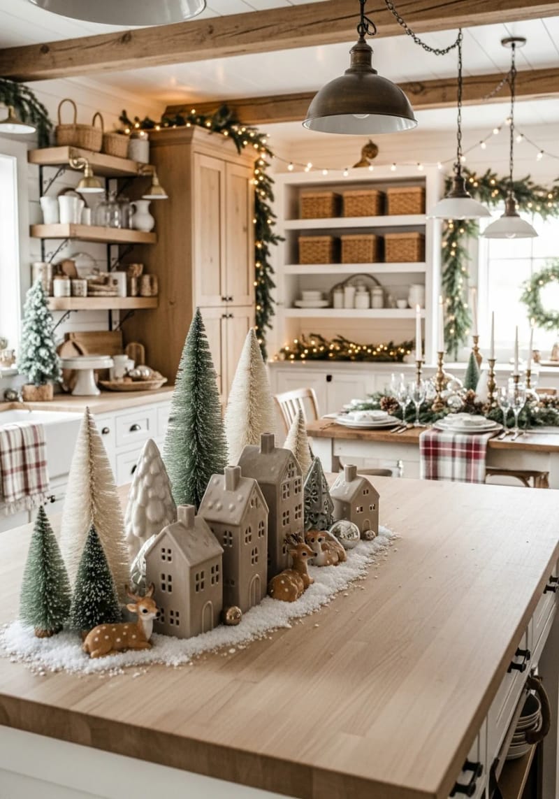 23 Christmas Countertop Decor Ideas Guests Can’t Stop Talking About 29 neutral toned houses with bottlebrush trees and tiny deer figurines 1