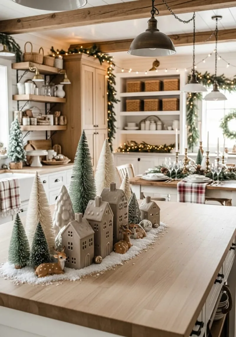 23 Christmas Countertop Decor Ideas Guests Can’t Stop Talking About 44 neutral toned houses with bottlebrush trees and tiny deer figurines 1