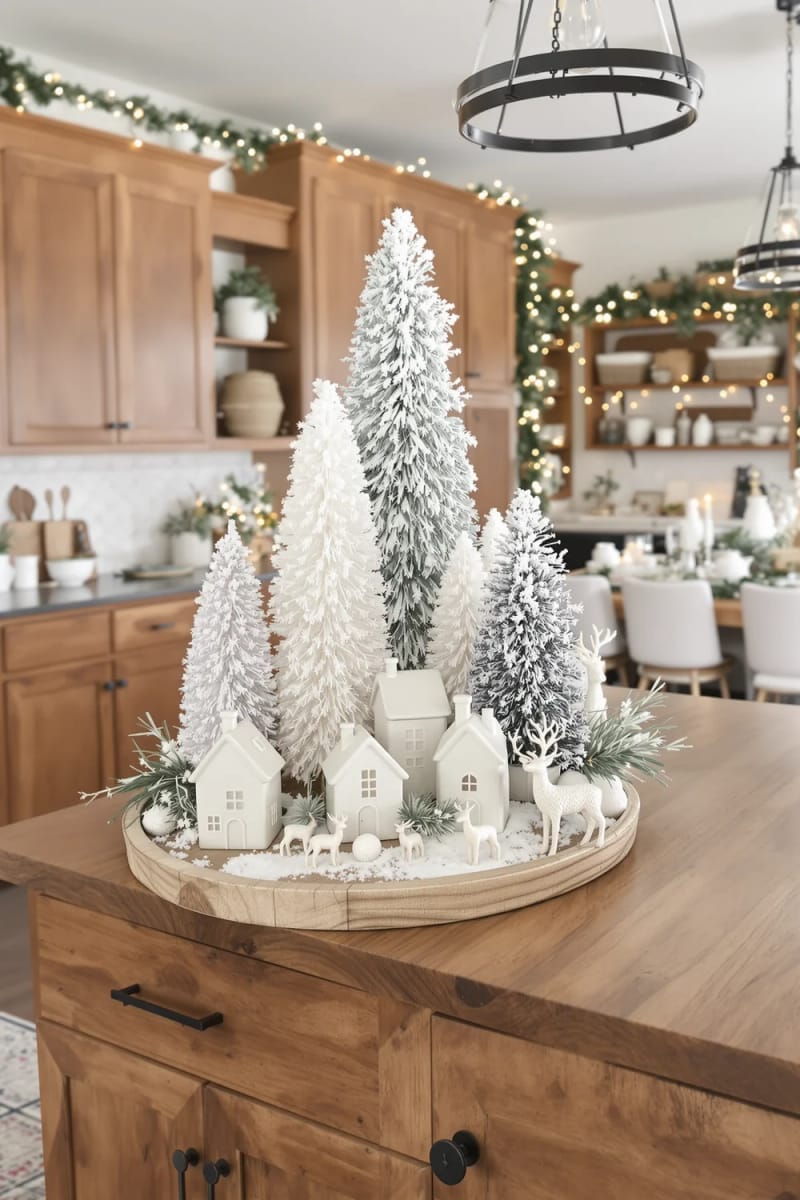 23 Christmas Countertop Decor Ideas Guests Can’t Stop Talking About 30 neutral toned houses with bottlebrush trees and tiny deer figurines 1