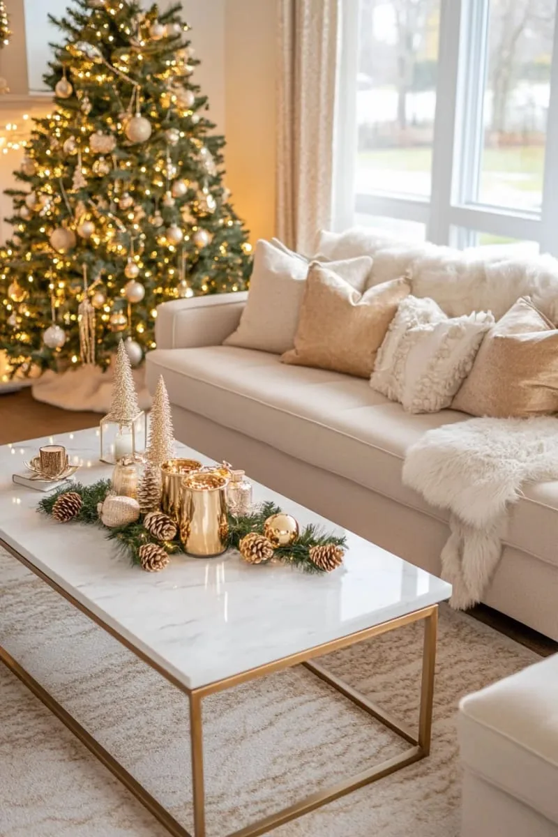 neutral-toned living room with gold-accented christmas decor and plush throws 1
