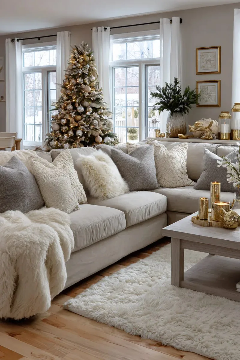 neutral-toned living room with gold-accented christmas decor and plush throws 1