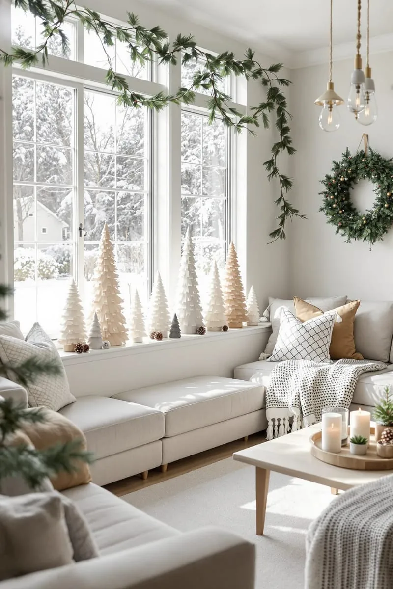 29 Simple Christmas Decor Ideas for a Beautiful Holiday Season 16 neutral-toned mini christmas trees on a windowsill 1