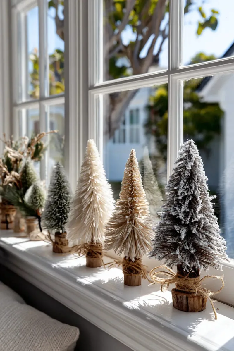 29 Simple Christmas Decor Ideas for a Beautiful Holiday Season 18 neutral-toned mini christmas trees on a windowsill 1
