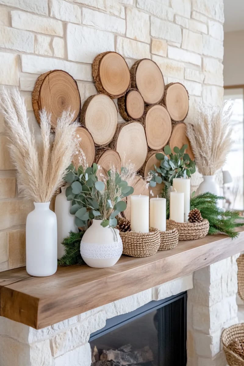 neutral-toned nature-inspired mantel display with greenery and wood slices 1