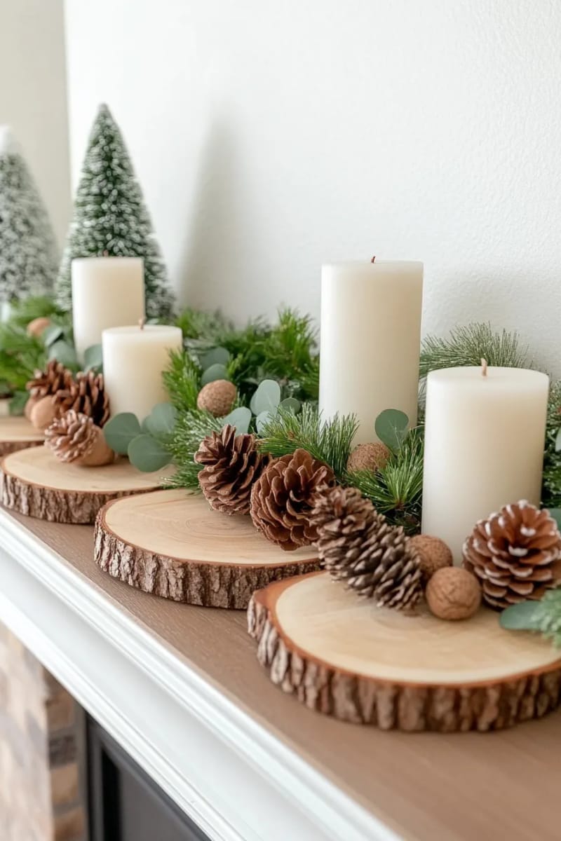 neutral-toned nature-inspired mantel display with greenery and wood slices 1