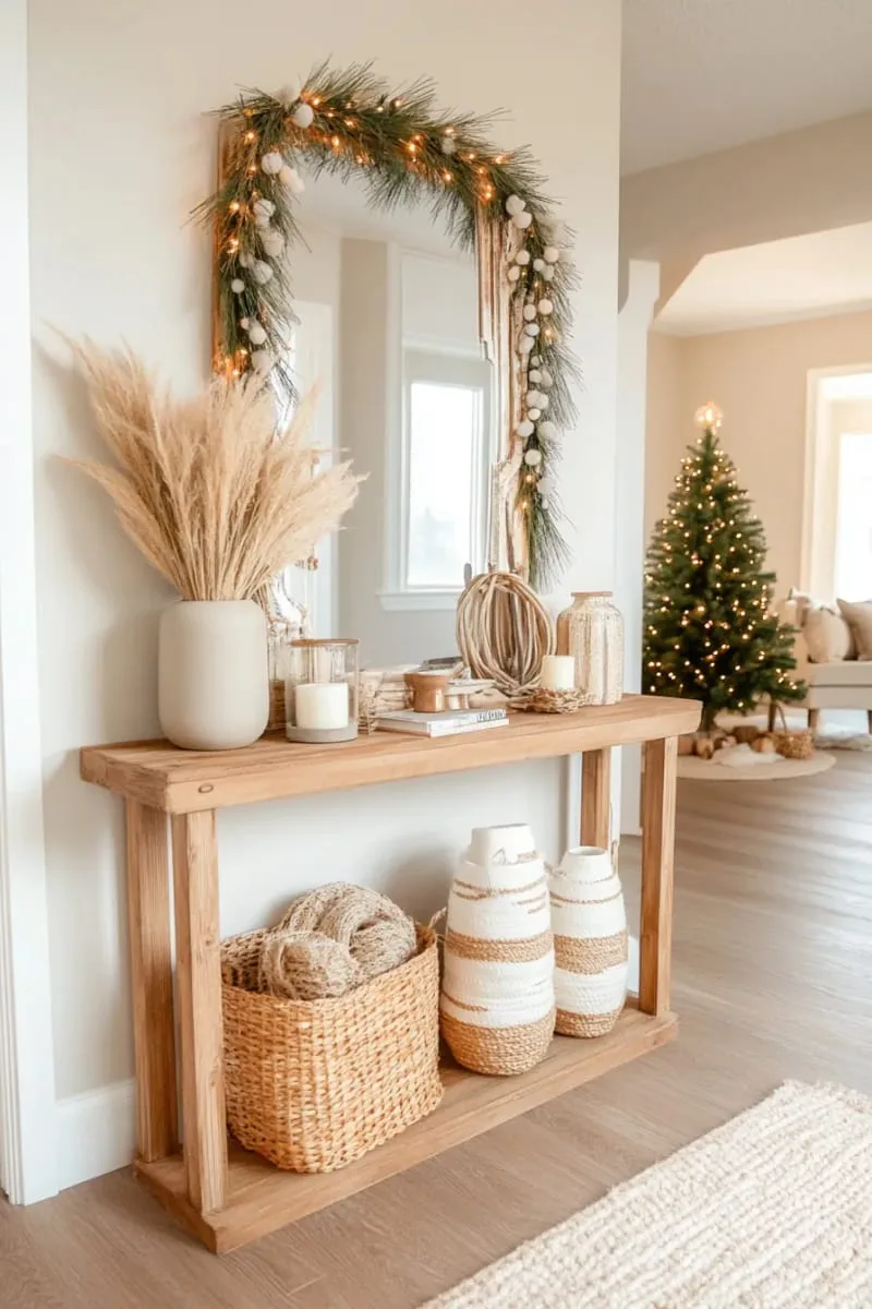 neutral-toned pompom garland strung across entryway mirror 1