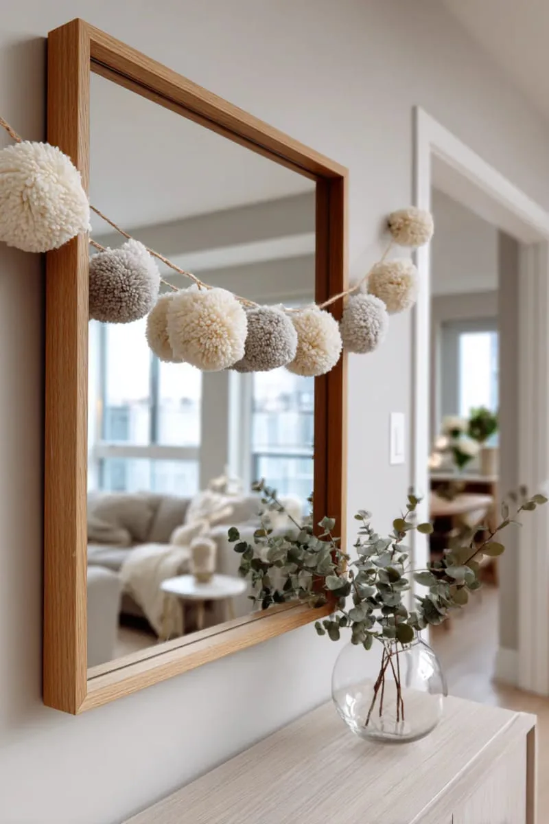 neutral-toned pompom garland strung across entryway mirror 1
