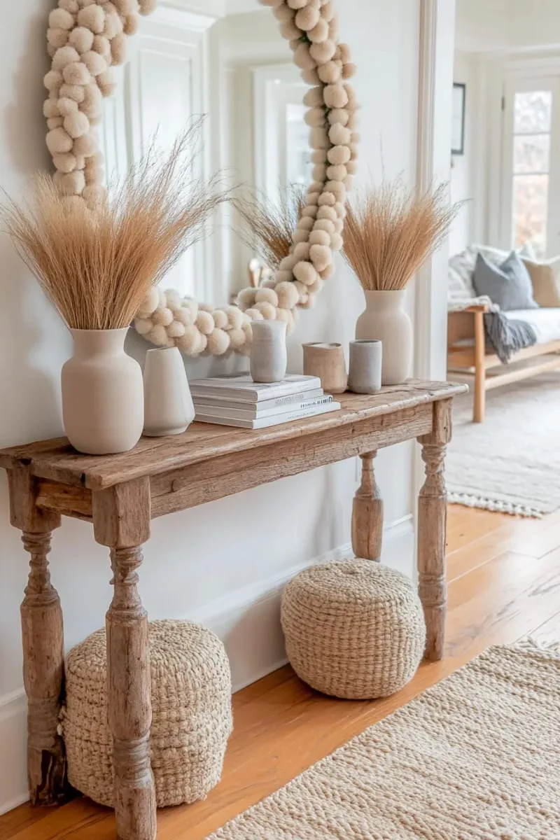 neutral-toned pompom garland strung across entryway mirror 1