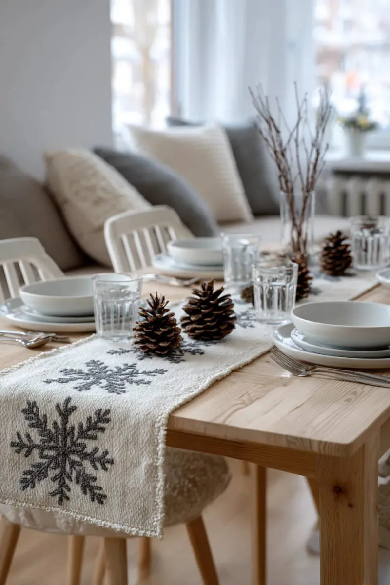 nordic-inspired table runner with geometric snowflake designs 1