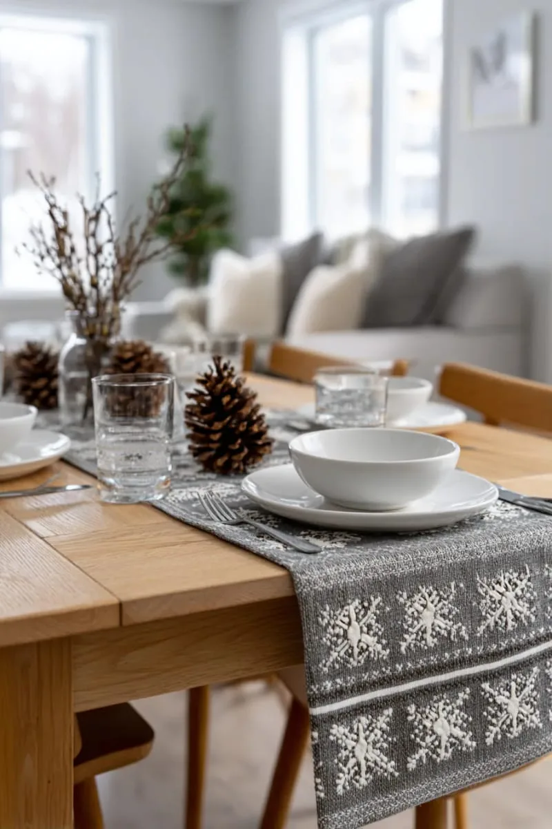 nordic-inspired table runner with geometric snowflake designs 1