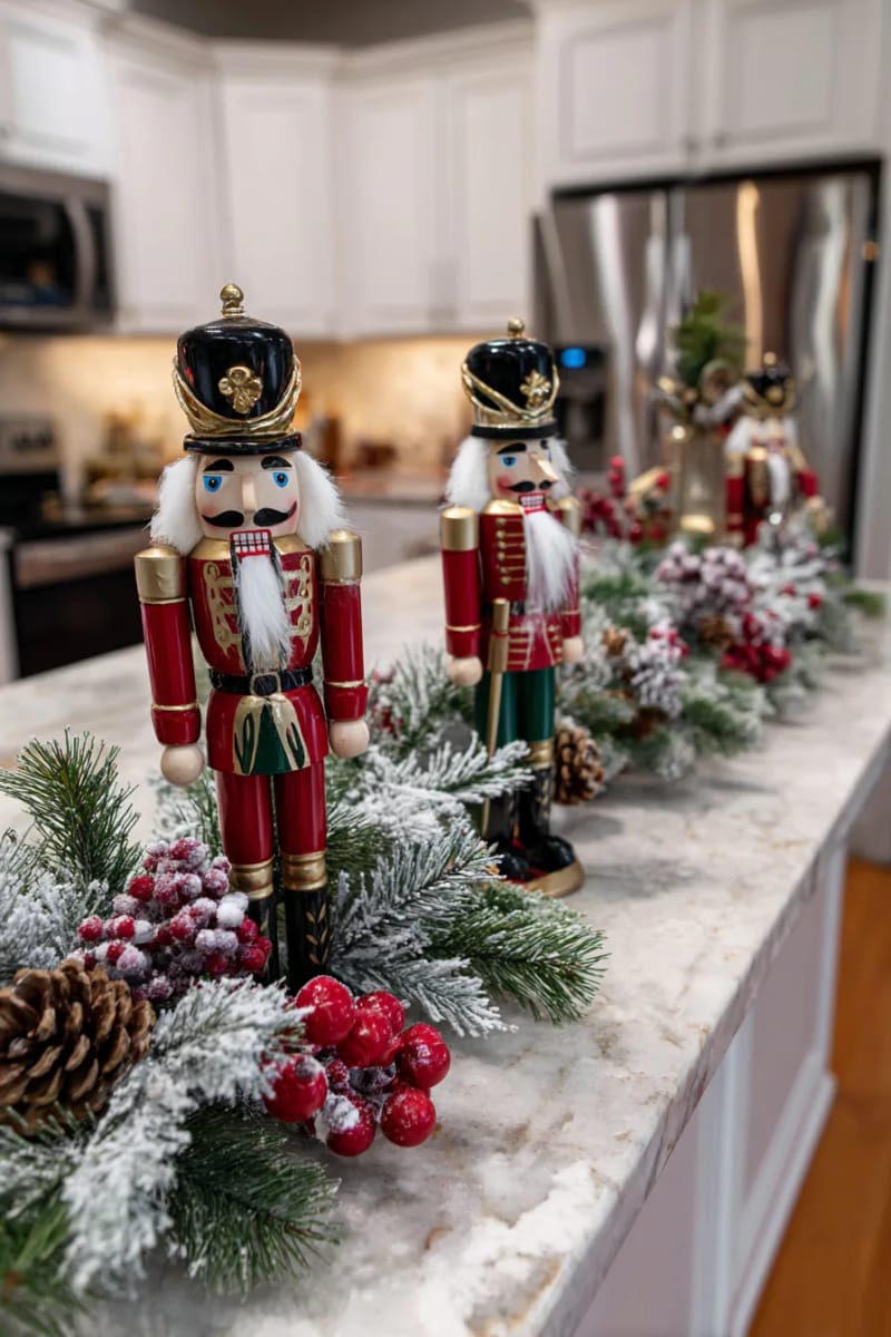 23 Christmas Kitchen Island Decor Ideas That Bring Instant Holiday Charm 36 nutcracker figurines standing guard among frosted pine branches 1