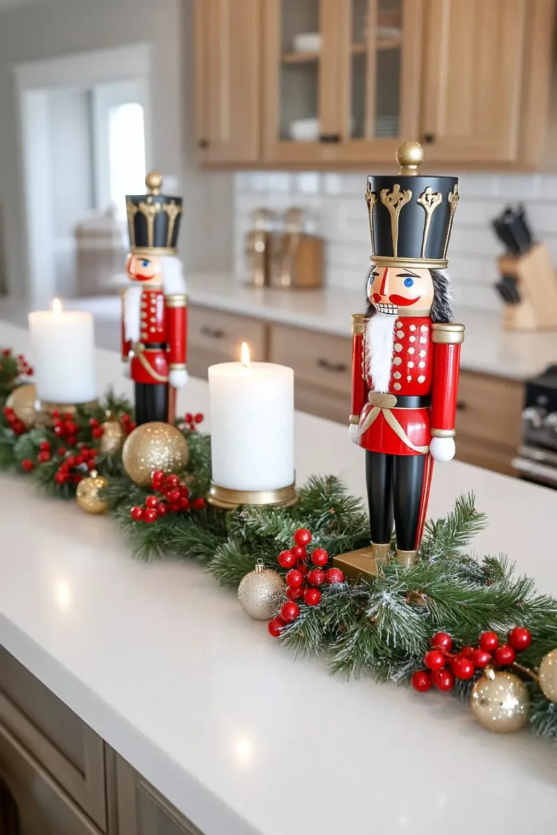 nutcracker figurines standing guard among frosted pine branches 1