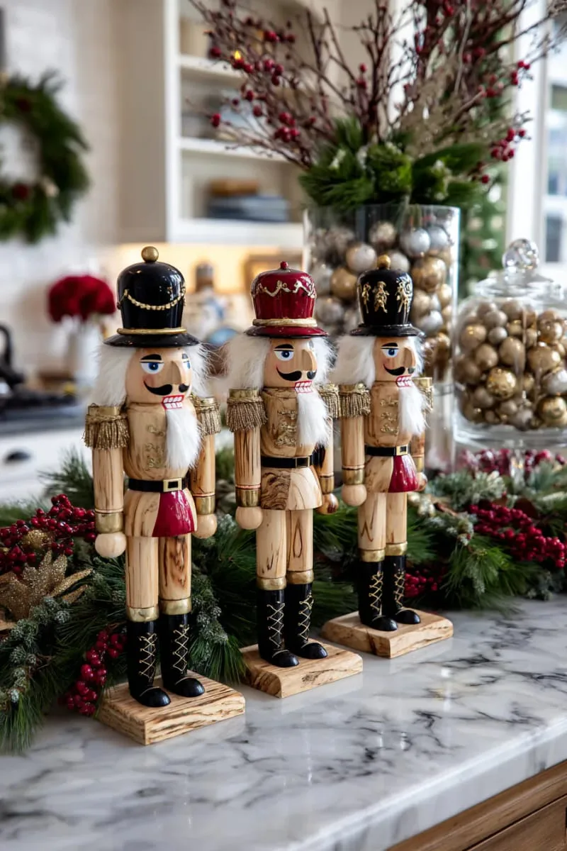 nutcracker figurines standing guard among frosted pine branches 1