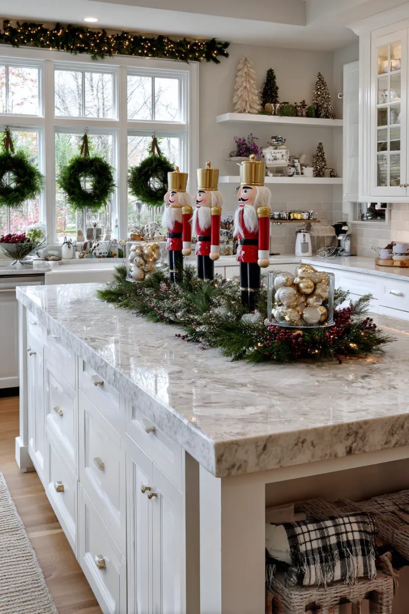 23 Christmas Kitchen Island Decor Ideas That Bring Instant Holiday Charm 39 nutcracker figurines standing guard among frosted pine branches 1