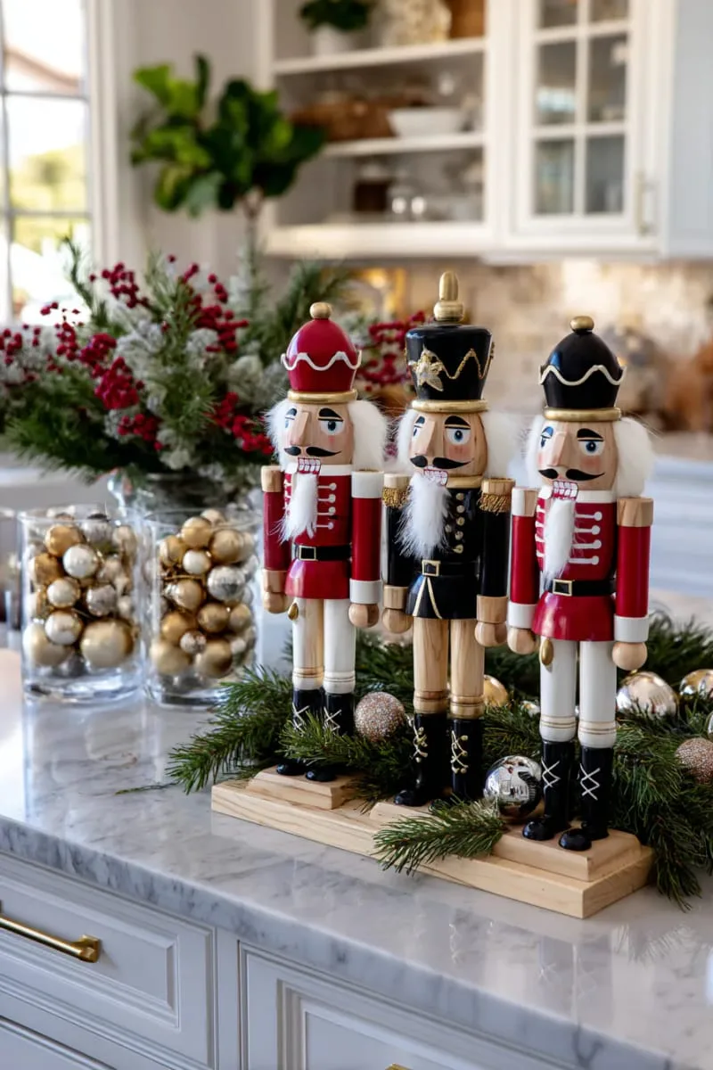nutcracker figurines standing guard among frosted pine branches 1