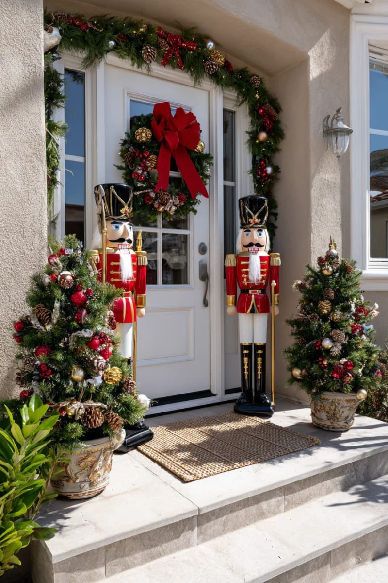 29 Festive Christmas Door Decor Ideas for a Magical Entry 29 nutcracker soldiers flanking the entrance, with mini christmas trees 1