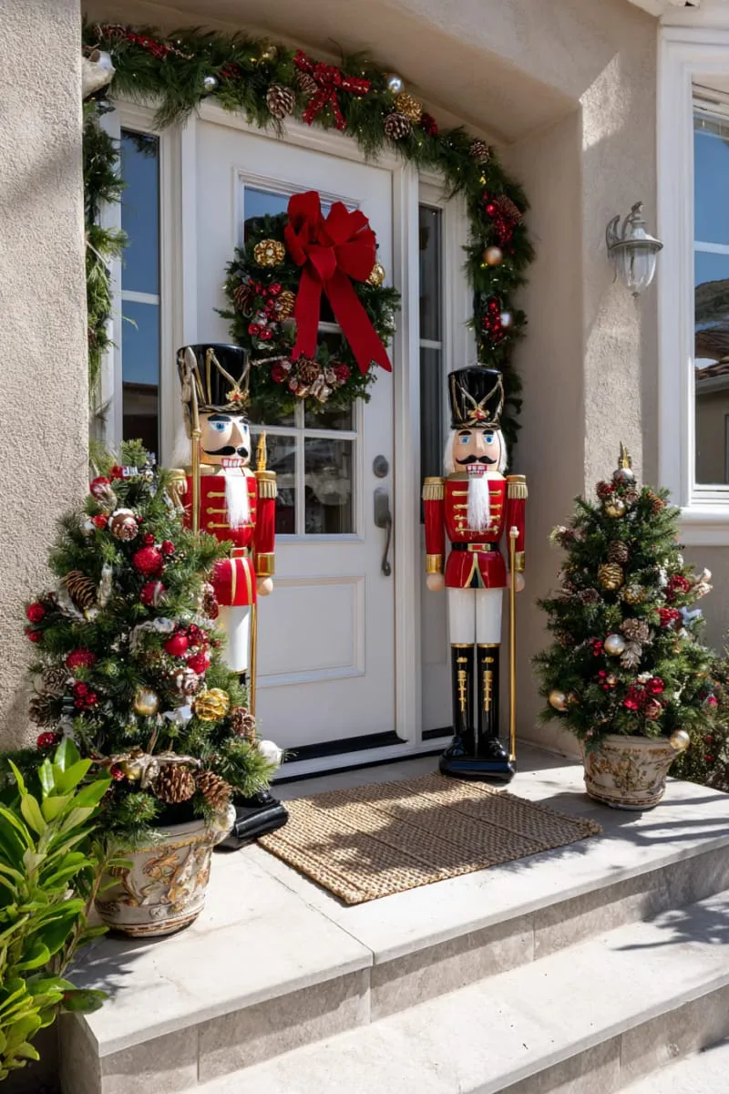 nutcracker soldiers flanking the entrance, with mini christmas trees 1