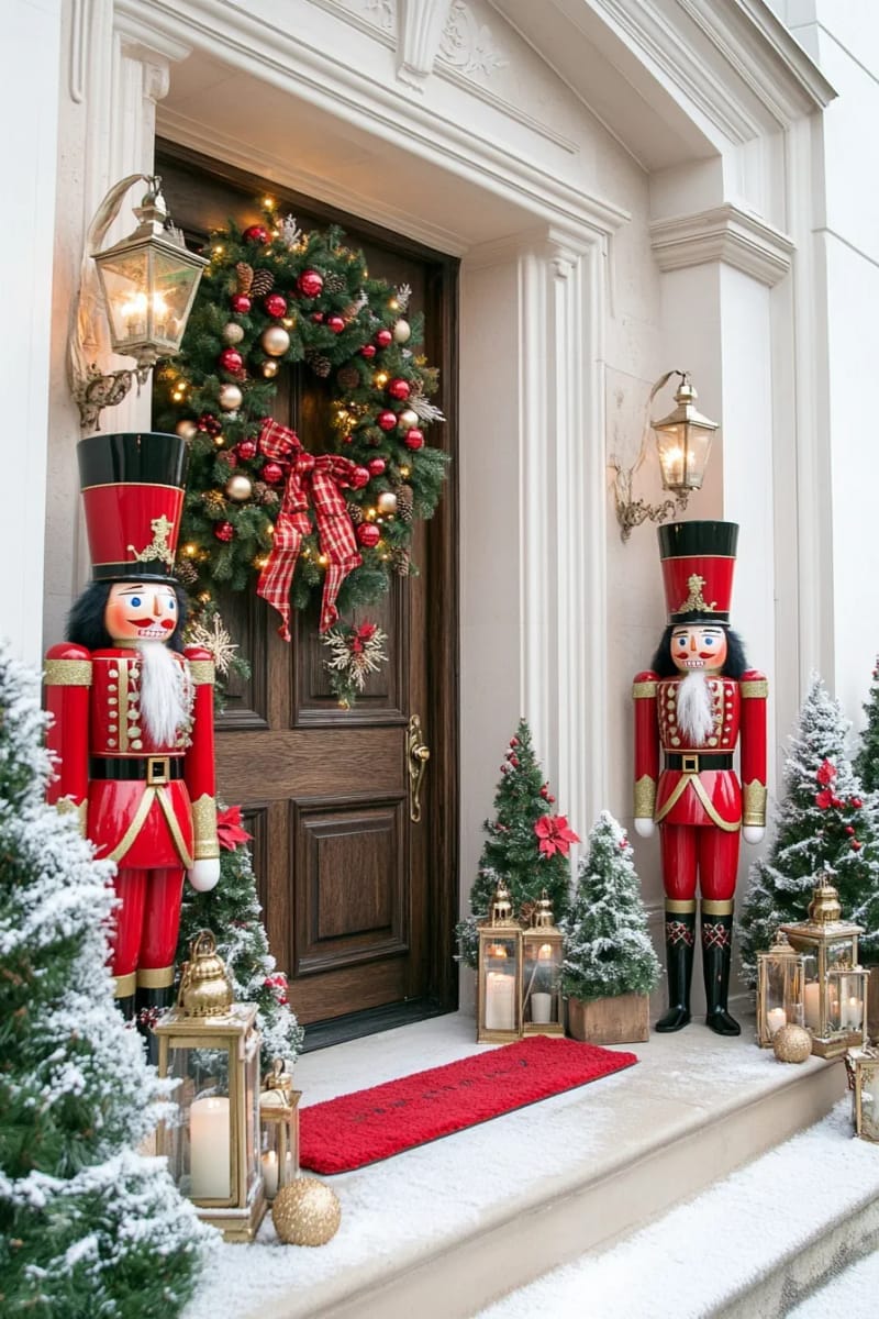 29 Festive Christmas Door Decor Ideas for a Magical Entry 30 nutcracker soldiers flanking the entrance, with mini christmas trees 1