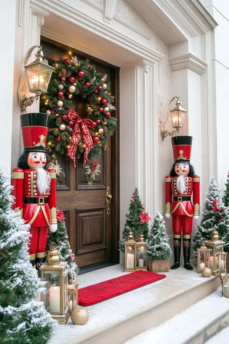 nutcracker soldiers flanking the entrance, with mini christmas trees 1