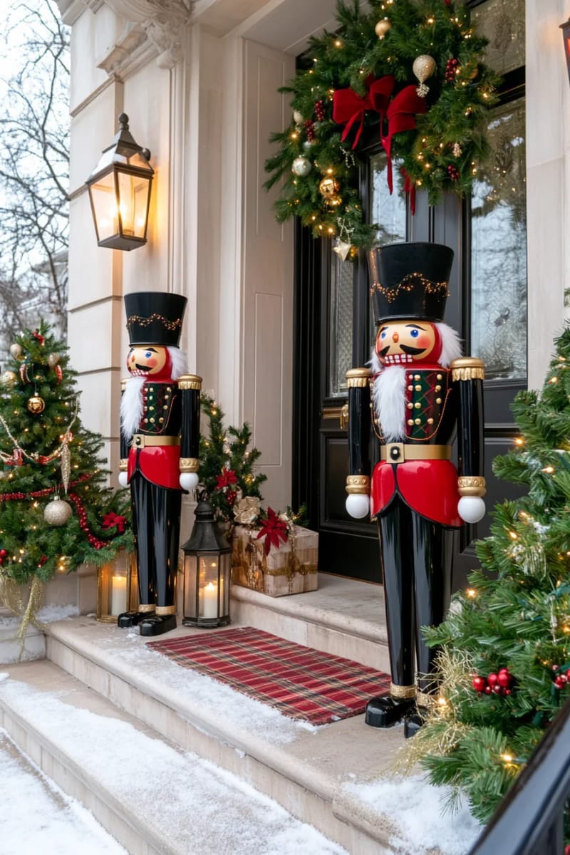 29 Festive Christmas Door Decor Ideas for a Magical Entry 31 nutcracker soldiers flanking the entrance, with mini christmas trees 1