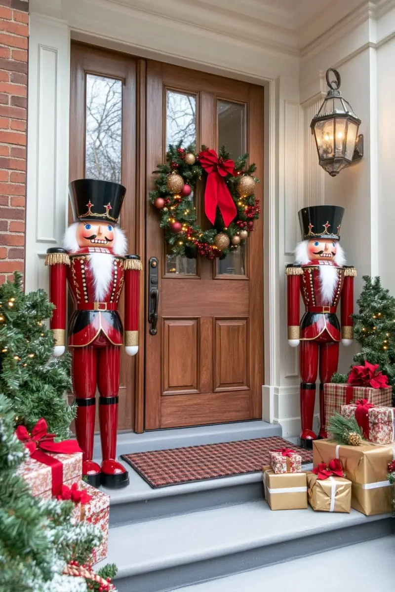 nutcracker soldiers guarding the door flanked by red berry branches 1