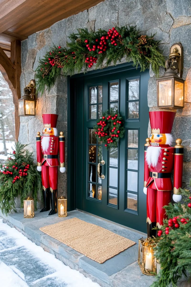 27 Beautiful Christmas Front Door Decor Ideas to Inspire 28 nutcracker soldiers guarding the door flanked by red berry branches 1