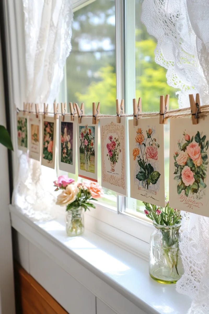 27 Vintage Christmas Decorations You'll Love 12 old-fashioned greeting cards strung into a whimsical garland across a window 1