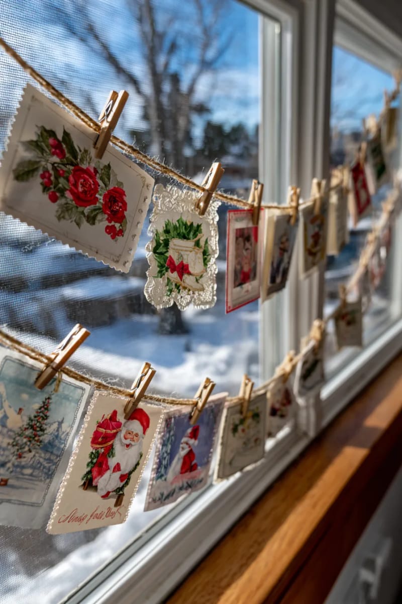27 Vintage Christmas Decorations You'll Love 13 old-fashioned greeting cards strung into a whimsical garland across a window 1