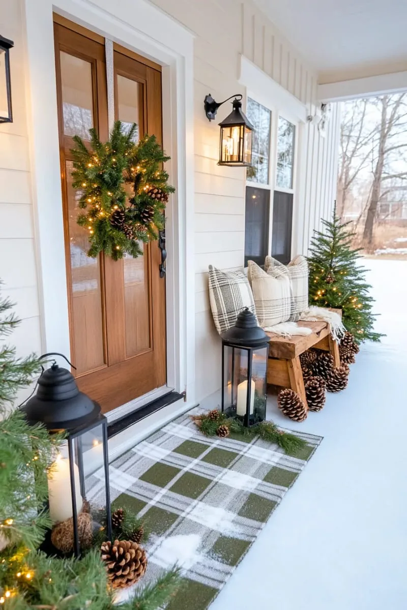 15 Charming Modern Farmhouse Christmas Decor Ideas for a Front Porch 2 olive green and white plaid layered doormat with black lanterns and snowy pine cones 1