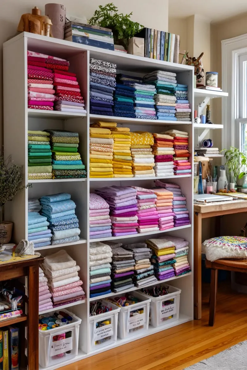 15 Sewing Room Organization Ideas to Declutter and Inspire Creativity 55 open bookshelf stacked with folded fat quarters and color-coded bins 1