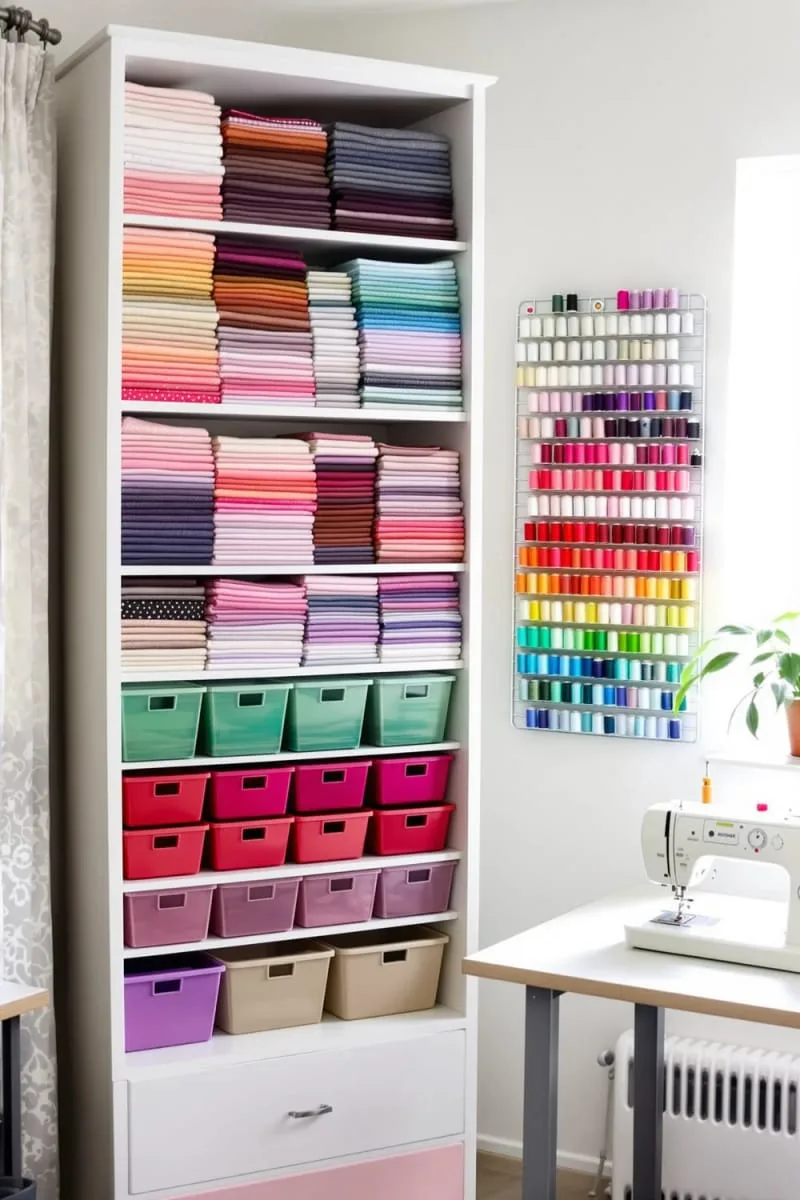 15 Sewing Room Organization Ideas to Declutter and Inspire Creativity 56 open bookshelf stacked with folded fat quarters and color-coded bins 1