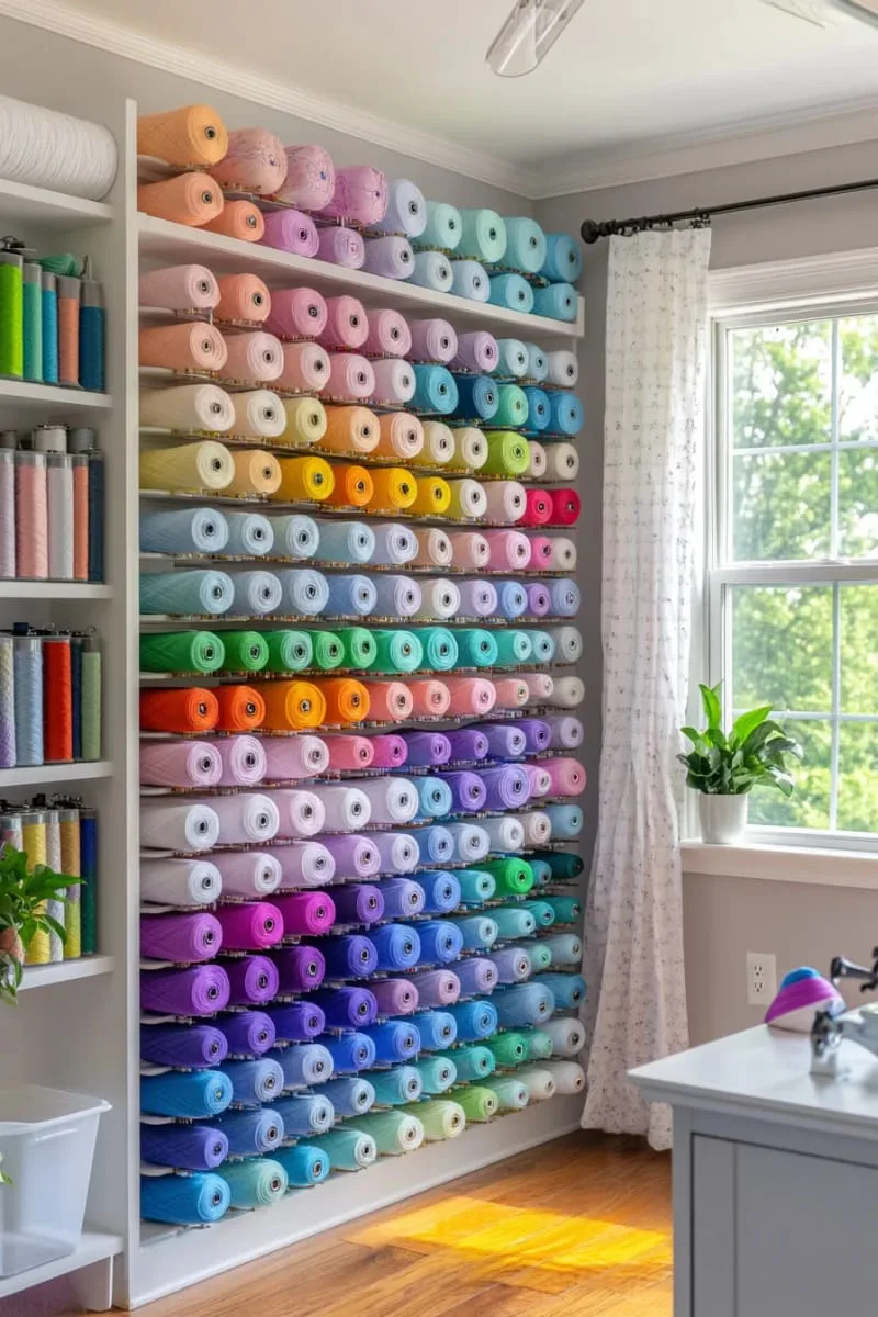 15 Sewing Room Organization Ideas to Declutter and Inspire Creativity 59 open bookshelf stacked with folded fat quarters and color-coded bins 1