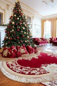 opulent regal red and gold tree skirt layered with velvet throw pillows 49