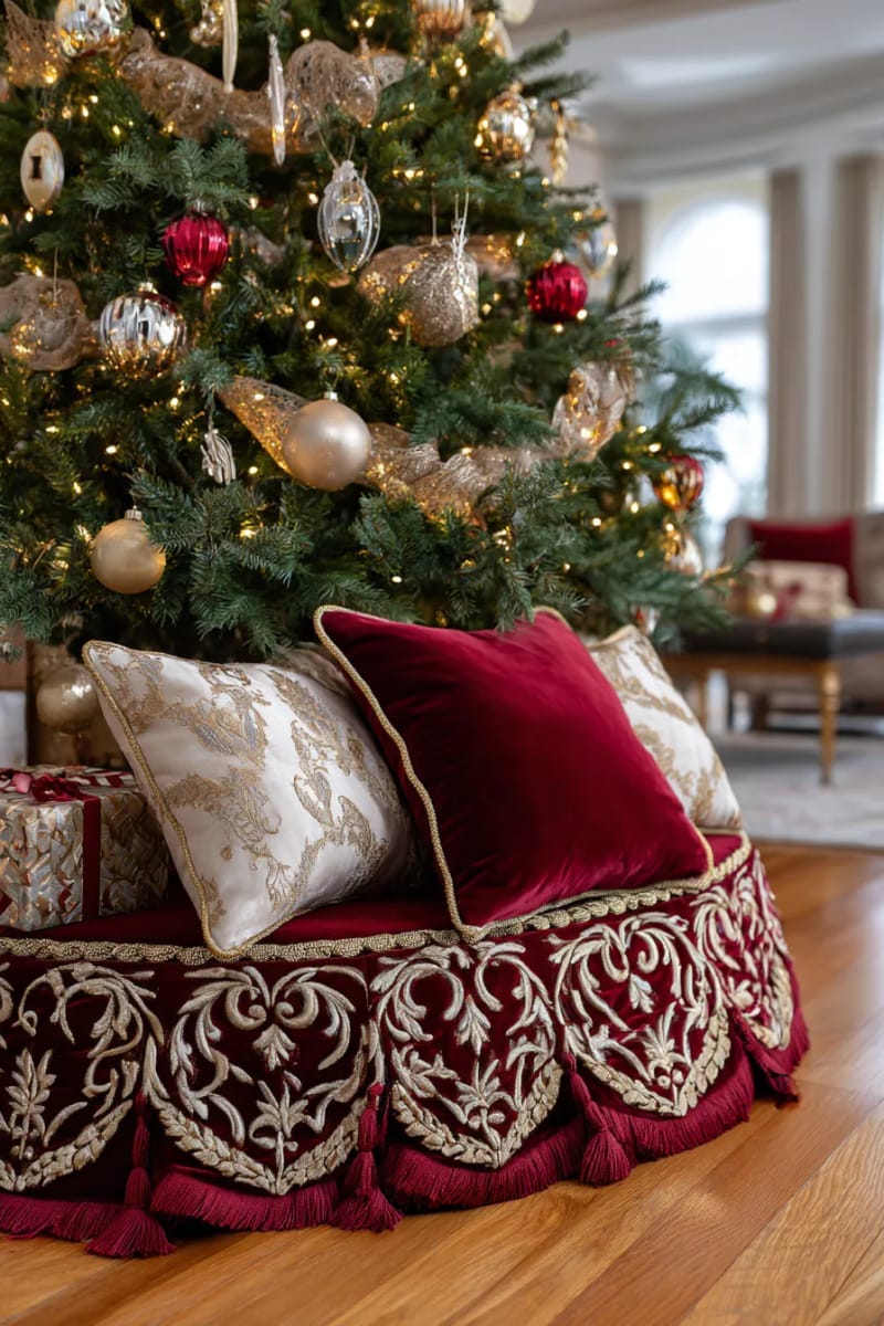 opulent regal red and gold tree skirt layered with velvet throw pillows 1
