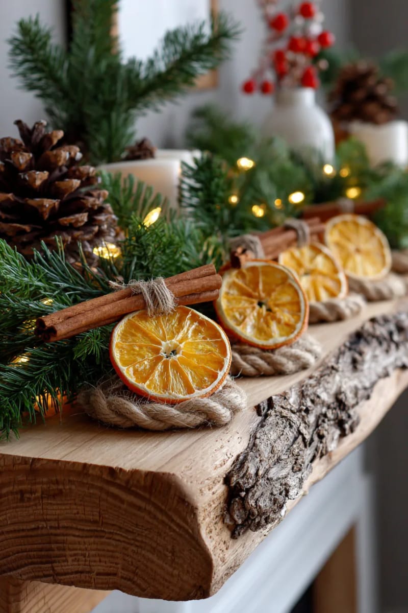 29 Inspiring Natural Christmas Decor Ideas for Modern Homes 4 orange slice and cinnamon stick garland for a festive rustic mantle accent 1