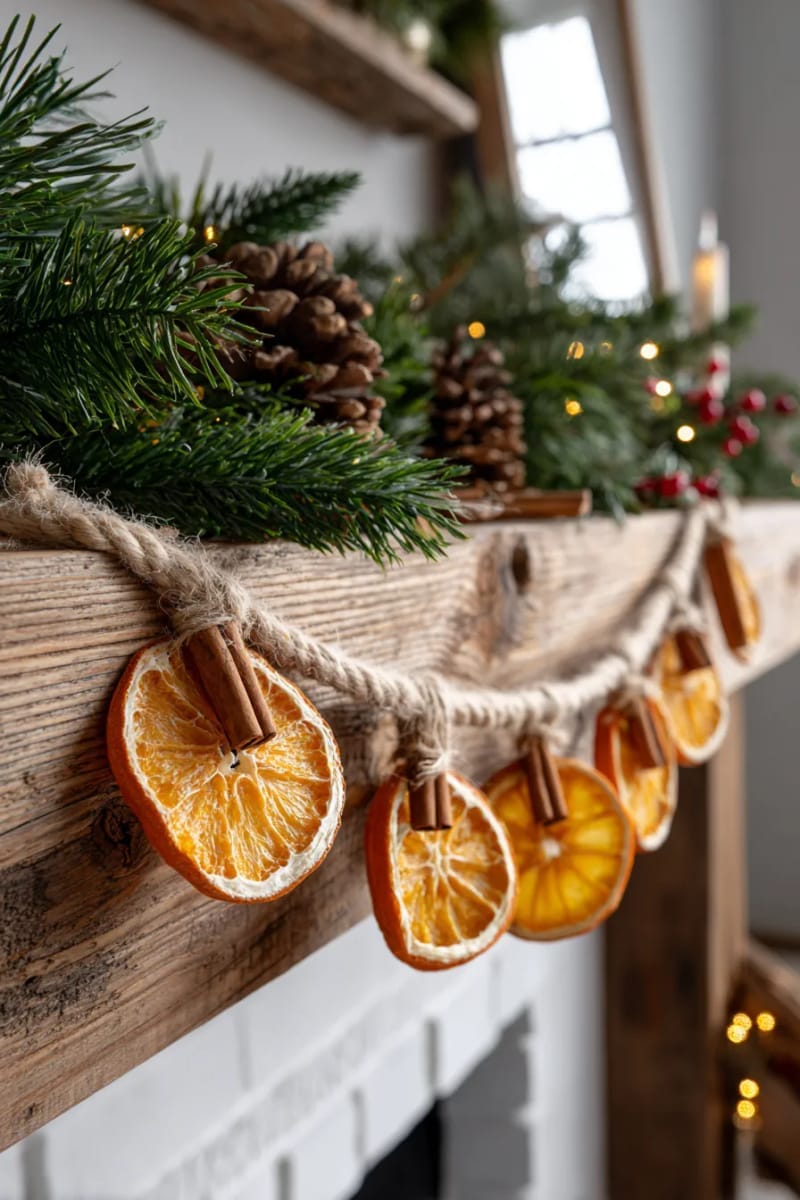 29 Inspiring Natural Christmas Decor Ideas for Modern Homes 5 orange slice and cinnamon stick garland for a festive rustic mantle accent 1