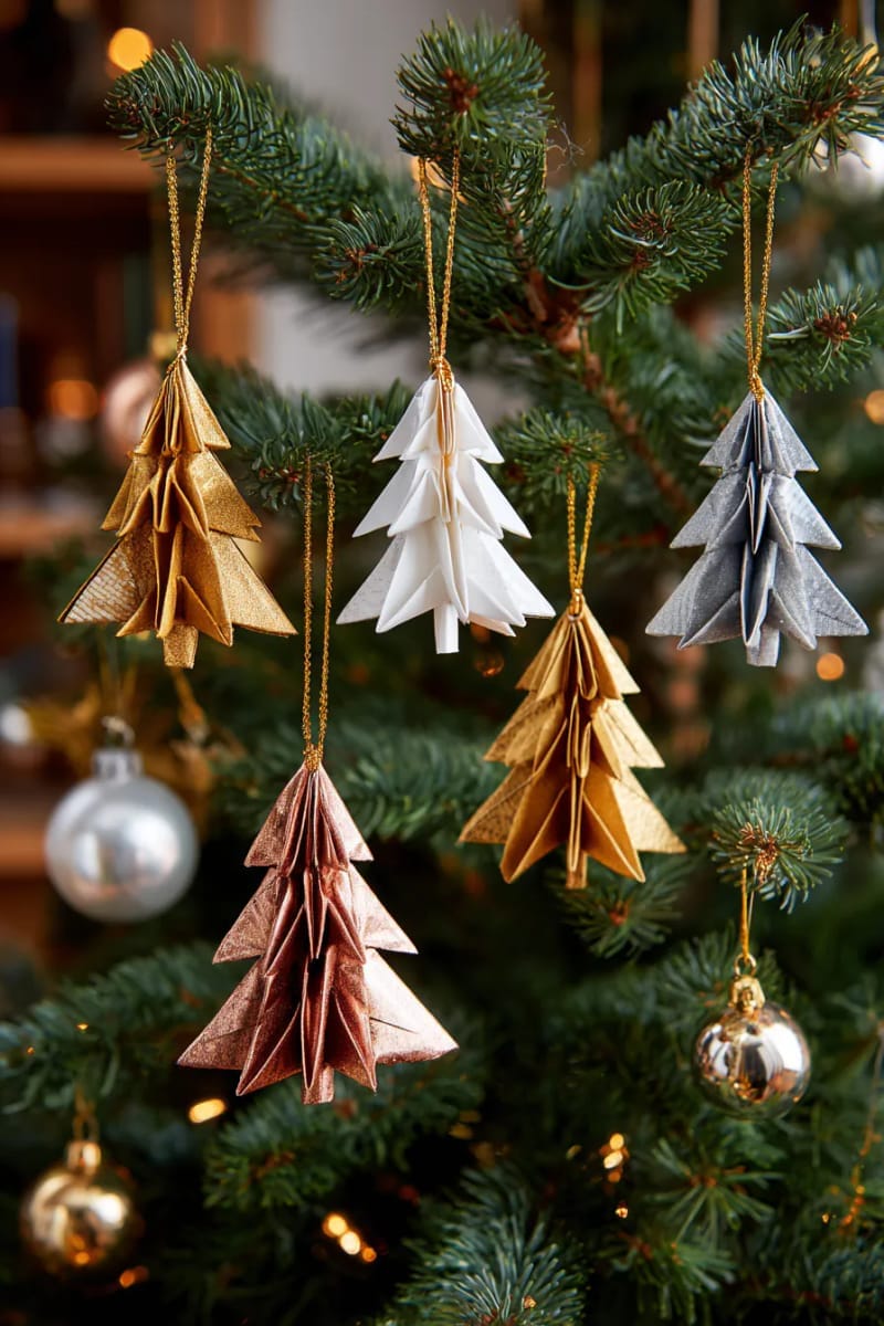 origami christmas tree decorations using metallic paper and gold thread 1