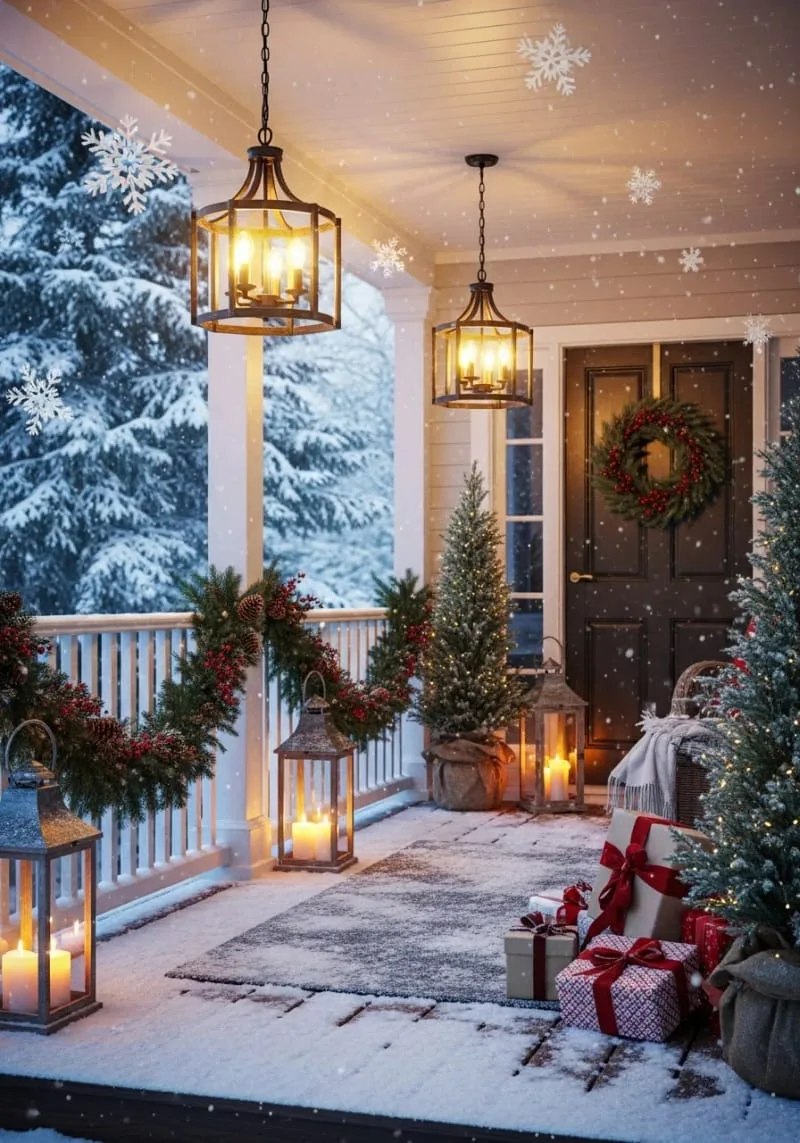 outdoor chandeliers with warm bulbs hanging above a snowy porch rug 1