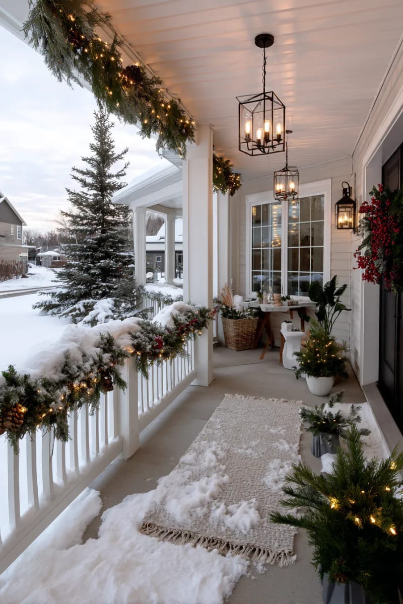 outdoor chandeliers with warm bulbs hanging above a snowy porch rug 1