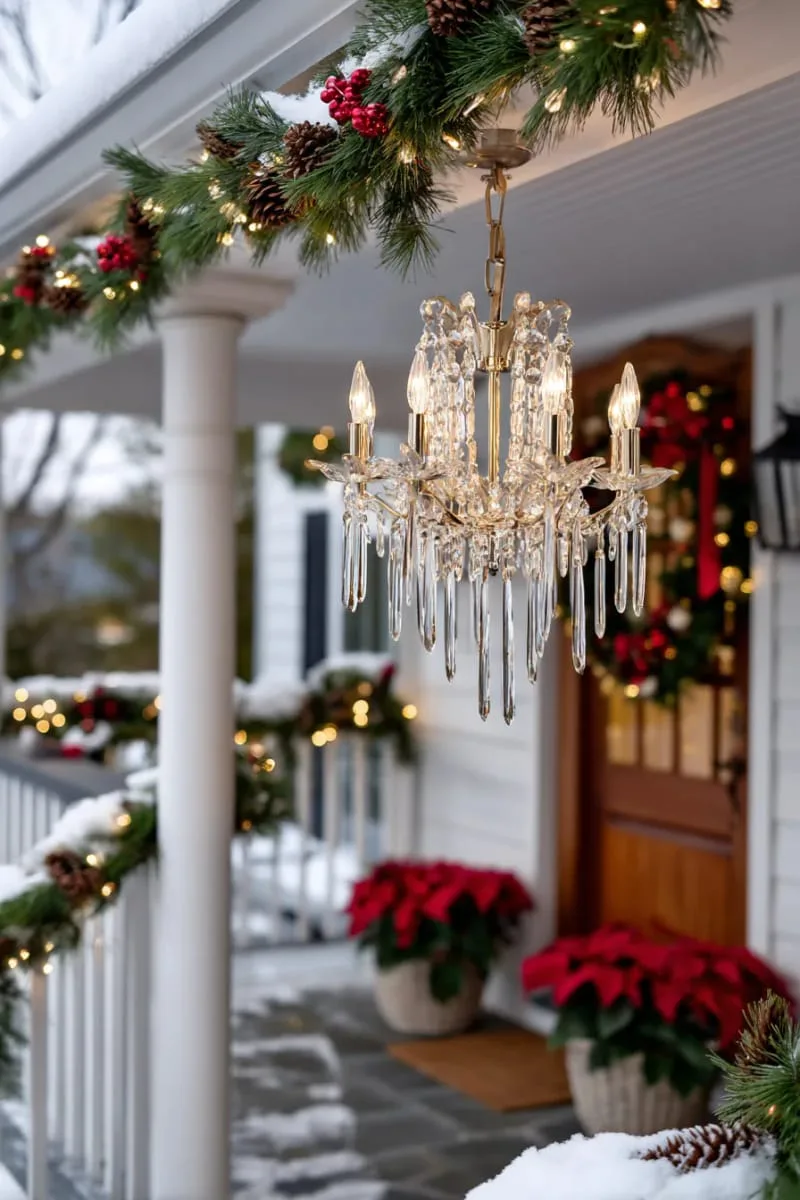 23 Exterior Christmas Decor Ideas Guests Will Remember All Season Long 54 outdoor christmas chandelier hung from porch ceiling with crystal icicle drops 1