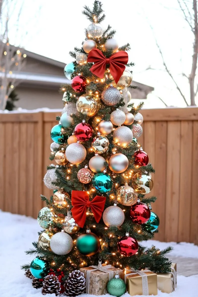 25 Gorgeous Christmas Front Porch Decor Ideas To Copy 93 outdoor christmas tree decorated with giant bows and shimmering baubles. 1